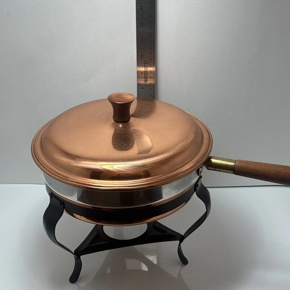 Vintage Copper & Brass Chafing Dish with Wood Handles and Stand – Classic Warmer